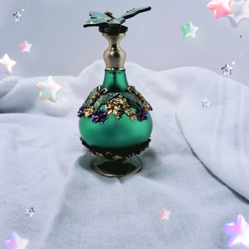 Elegant Vintage Inspired Green Perfume Bottle with Butterfly Accent